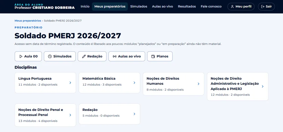 Tela real da plataforma com dados fictícios: página do preparatório com as disciplinas e o número de módulos de cada uma