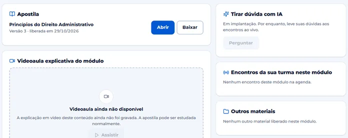 Tela real da plataforma com dados fictícios: página de um módulo, com a apostila liberada e os demais recursos